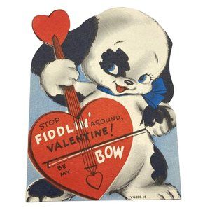 Anthropomorphic Dog Fiddler Valentine Greeting Card Vintage 1940s 4 Inch Diecut